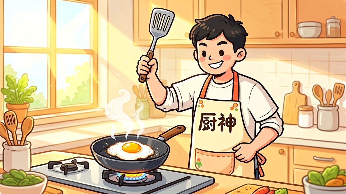 主角系上围裙，意气风发地准备大展身手