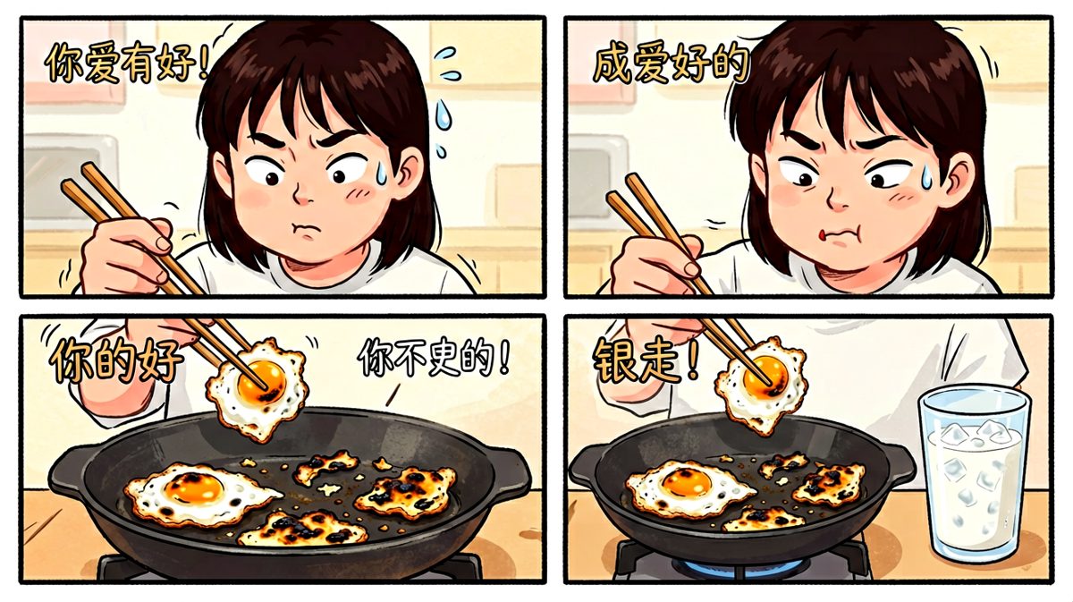 主角强忍着内心的崩溃，试图把焦黑的'作品'装盘