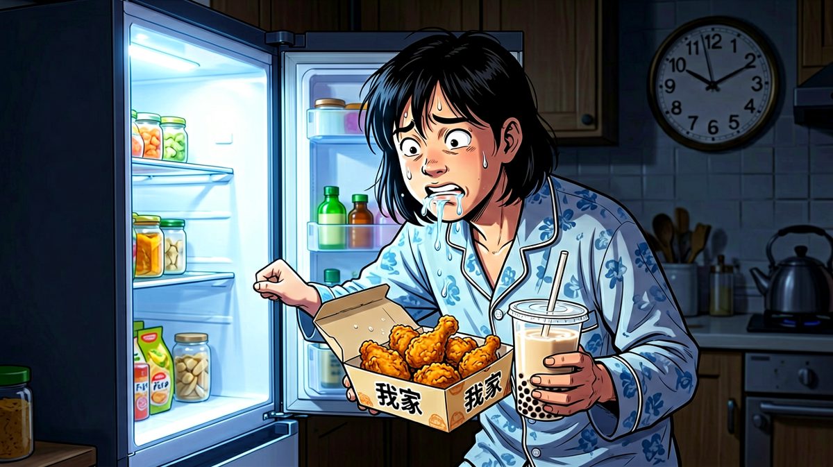 深夜饿得受不了，主角还是向美食妥协了