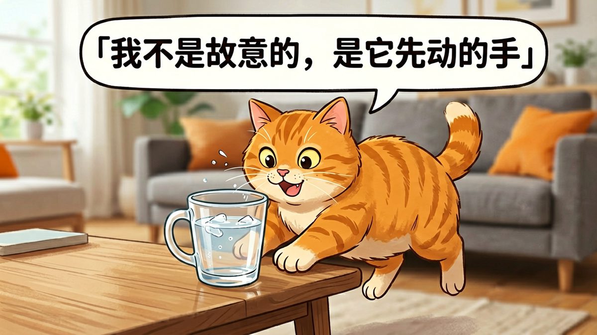 猫咪：杯子自己滑下去的，跟我有什么关系？