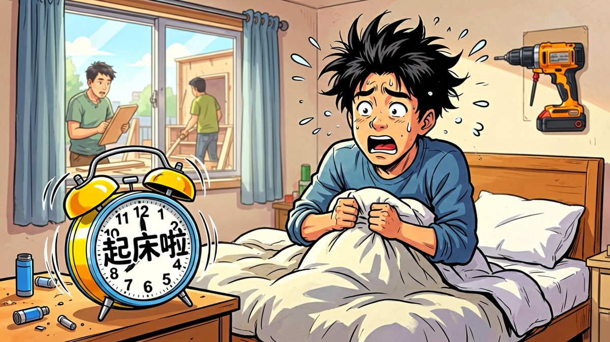 闹钟响起，主角吓得魂飞魄散，原来他忘记把闹钟关了。