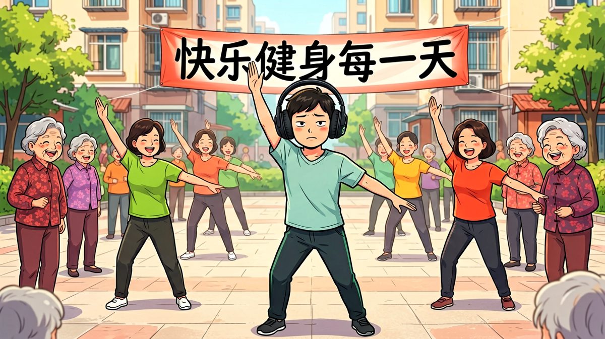 实在睡不着，主角戴上耳机下楼，结果被大妈强行拉进了广场舞队伍。