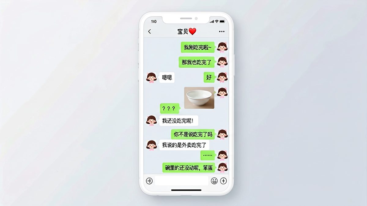 「我吃完了」的两种解读：女生说的是外卖盒子，男生以为连碗都清零了。