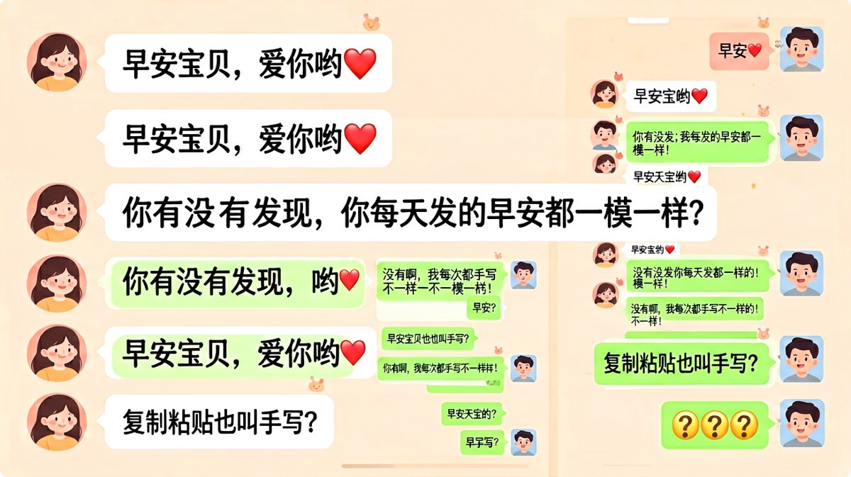 早安复读机：复制粘贴七天的早安被女朋友用截图拆穿
