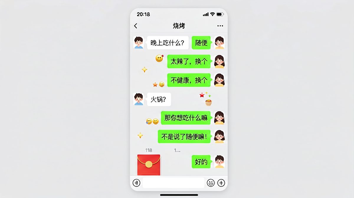 男生问吃啥被'随便'连环套，最终靠外卖红包破局。