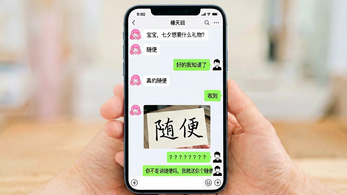 男生 literal interpretation '随便' 礼物，一张写着'随便'俩字的卡片让女生崩溃无语