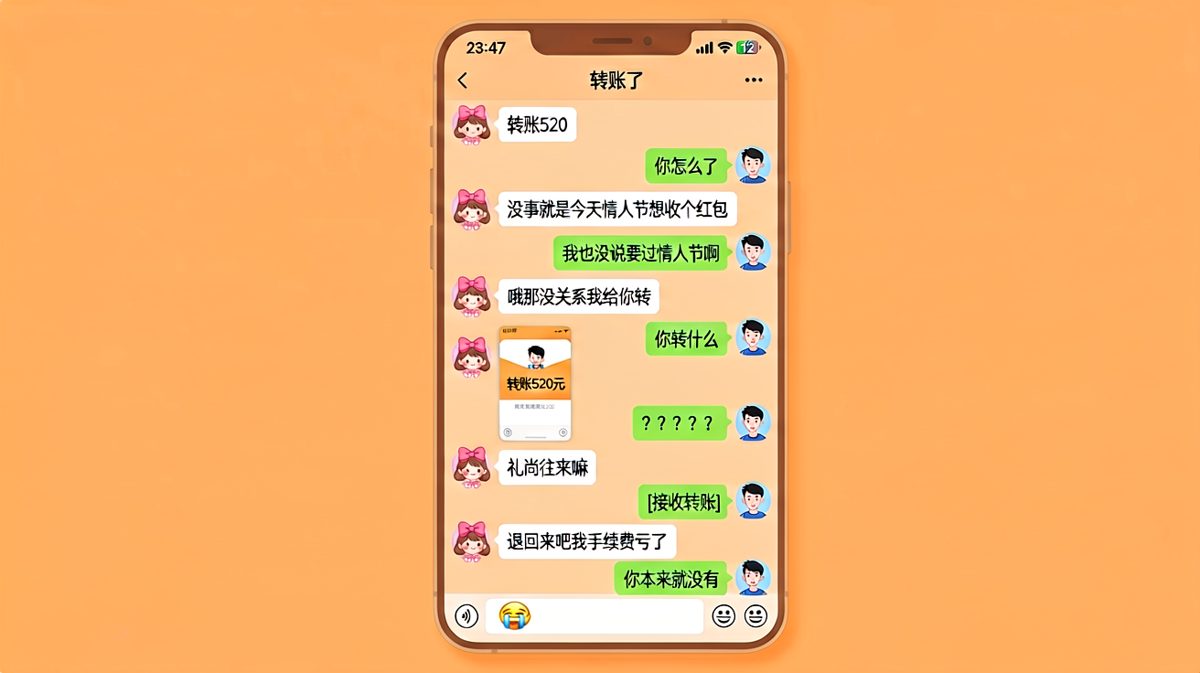 情侣间的反向转账博弈：先转钱再退款，最后两个人都亏了手续费。
