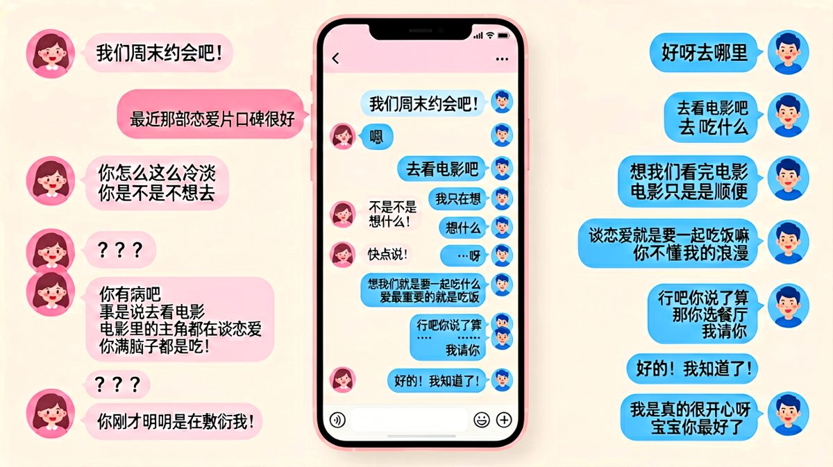 女生约看电影，男生全程只想吃饭