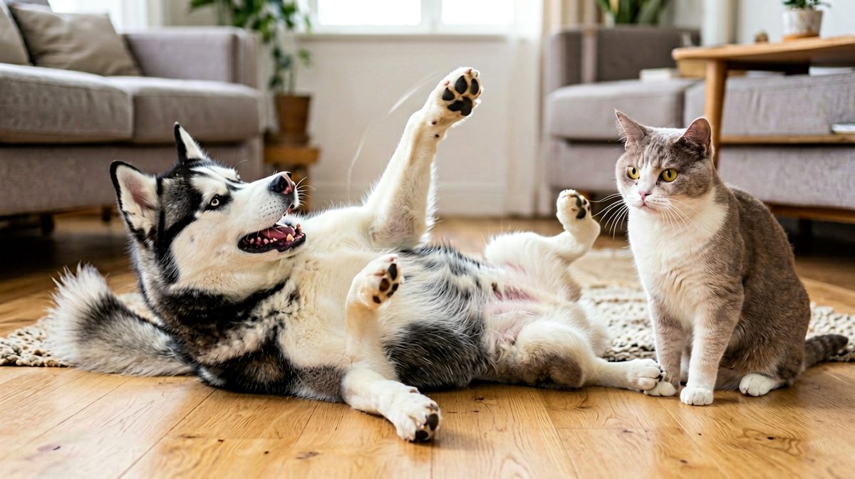 它在跟隐形敌人决斗，猫在旁边看呆了。