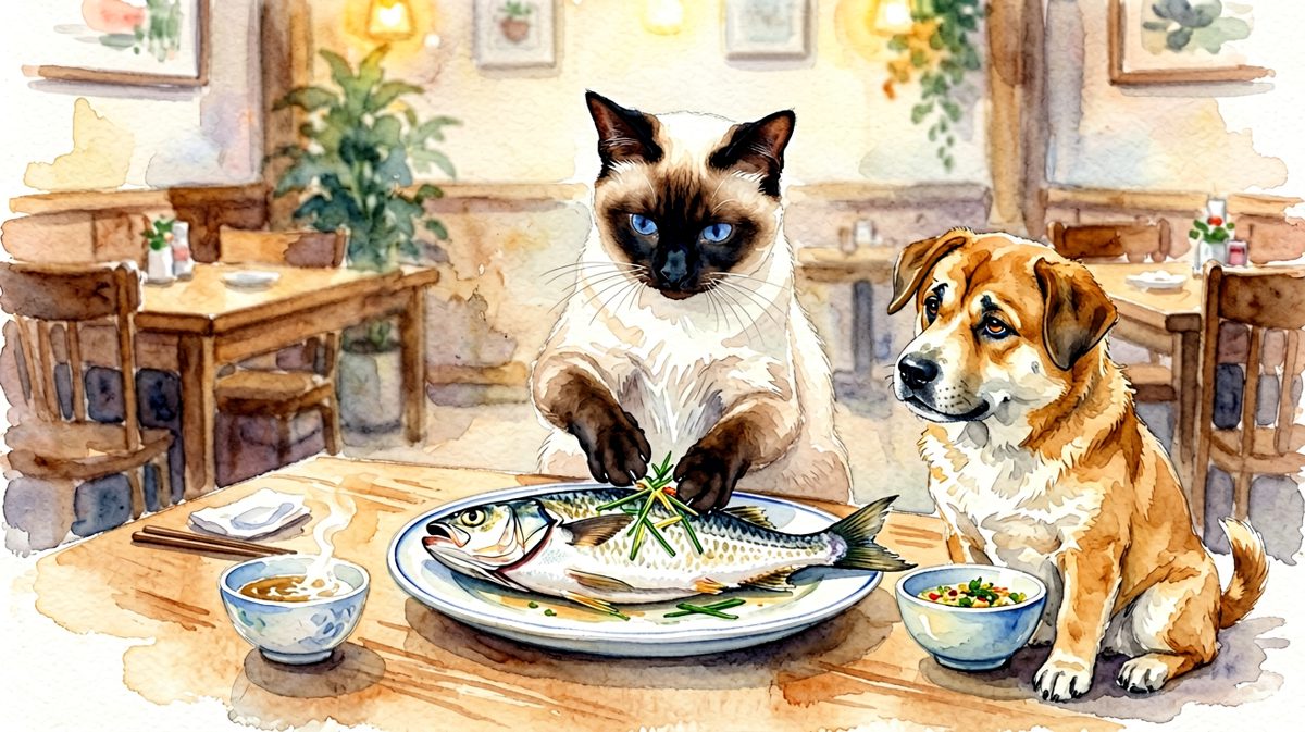 猫主子用餐，狗子只能在旁边流口水。