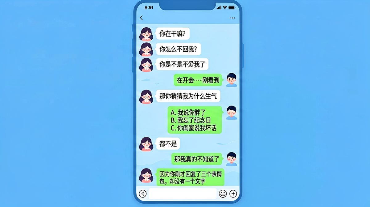 猜情绪的尽头是文字：男生以为猜对了答案，其实女朋友要的是'认真回复'而不是表情包。