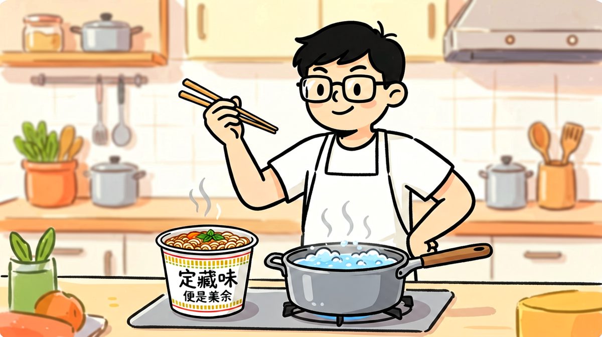 主角自信地开始煮泡面，仿佛在进行一场烹饪仪式。