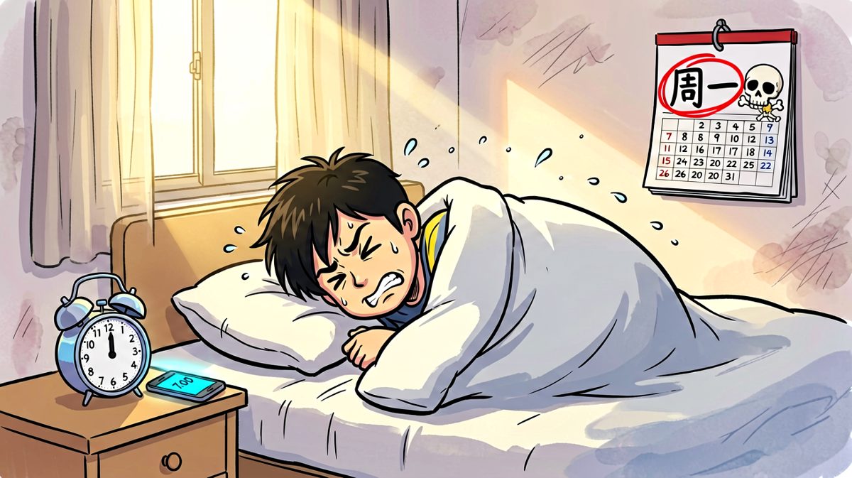闹钟大作，主角把头埋进枕头，灵魂还在床上不愿起床。