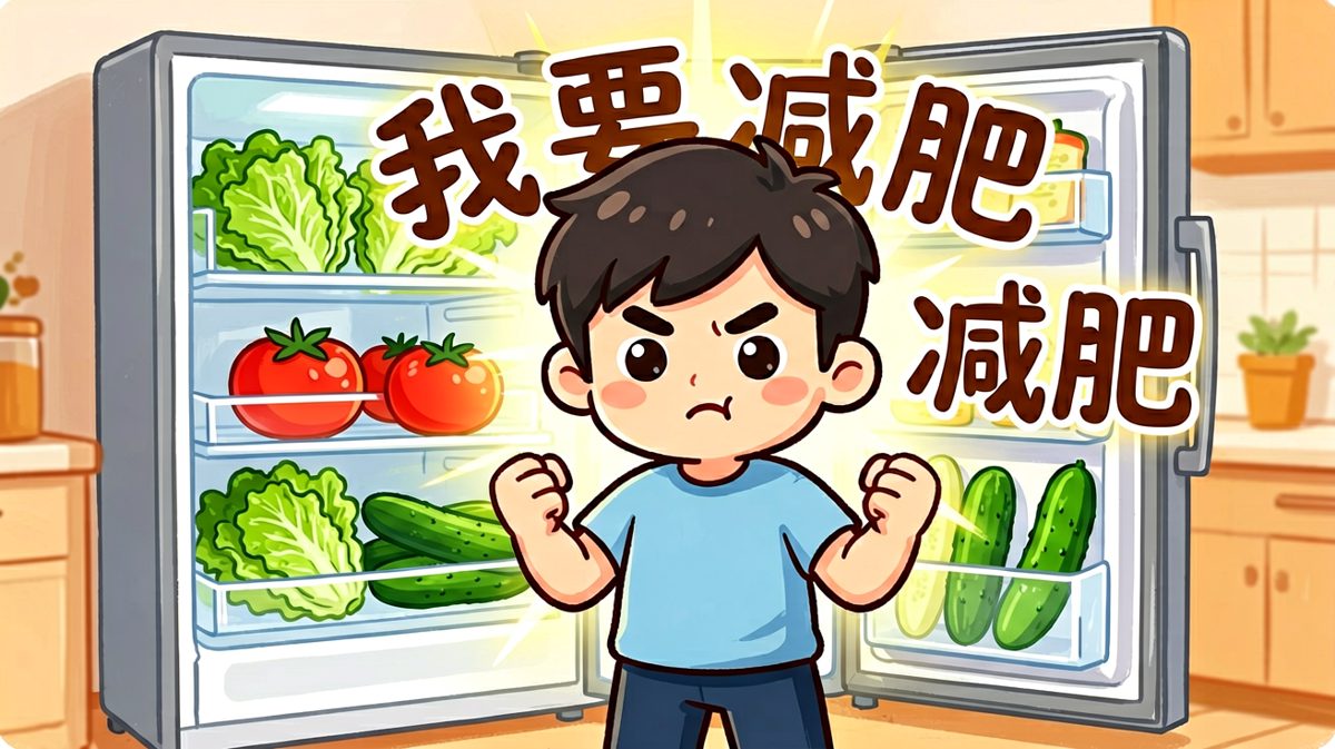 第一格：立下减肥誓言，冰箱里只剩沙拉食材。