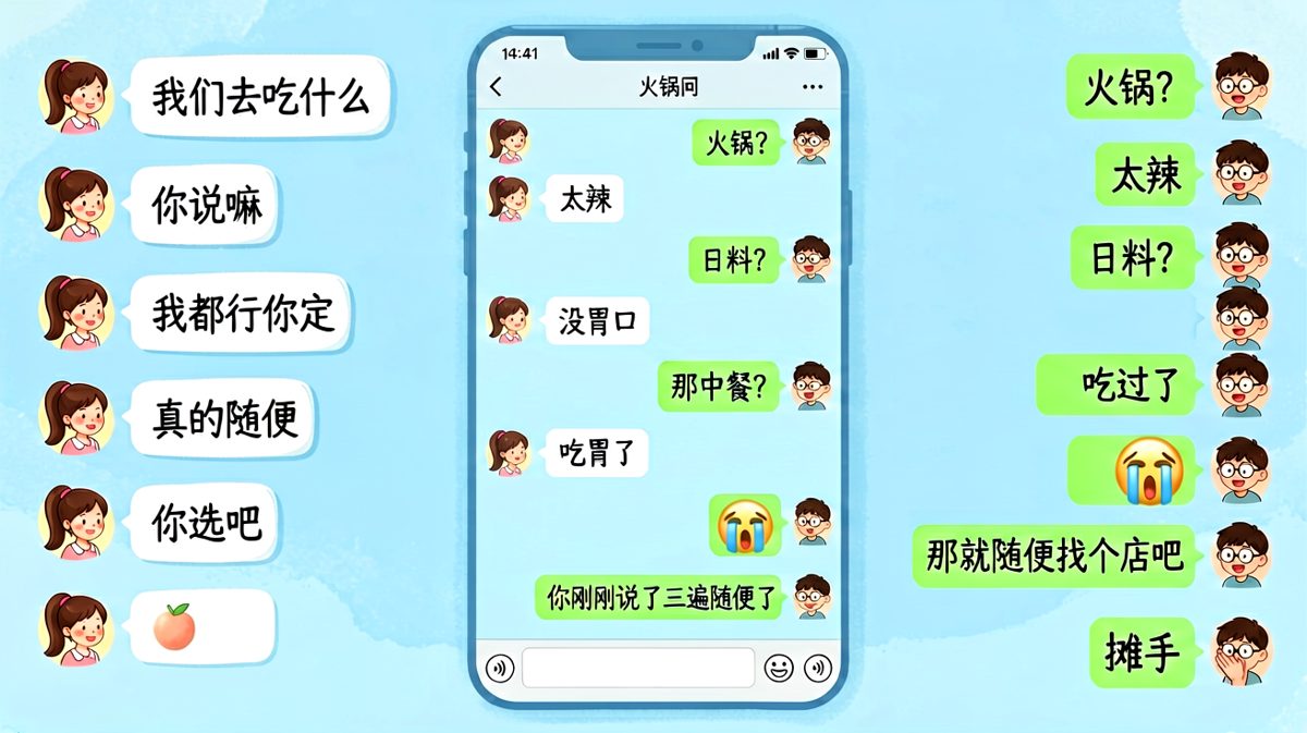 女生连说三遍随便，男生的崩溃过程全部写在聊天记录里