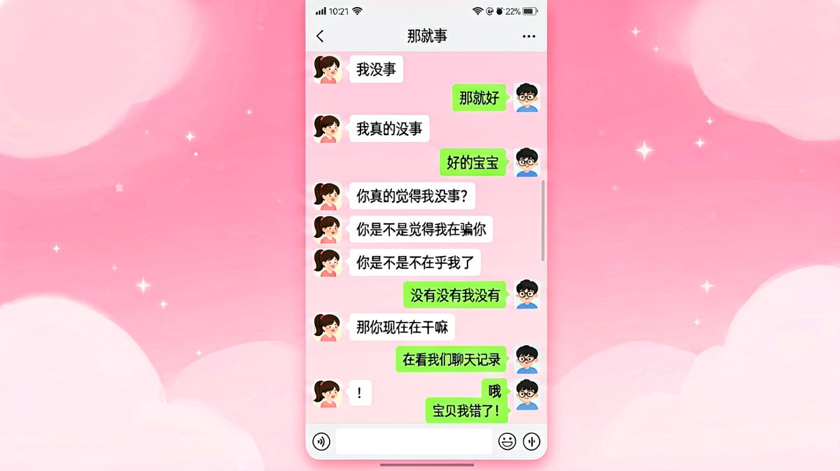 "我没事"是情侣聊天中最危险的三个字，男生全程在雷区蹦迪