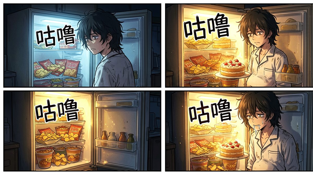 深夜肚子咕咕叫，主角被冰箱里的零食深深吸引，陷入内心挣扎。