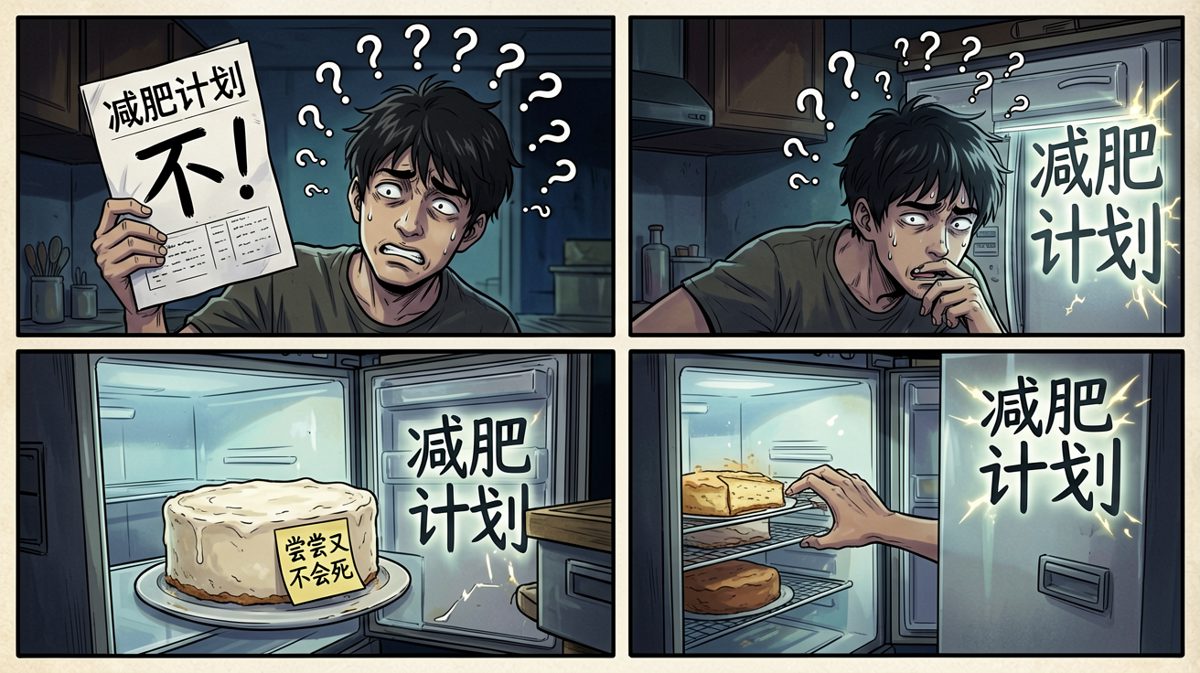 减肥计划和蛋糕对峙，主角内心天人交战，表情痛苦纠结。