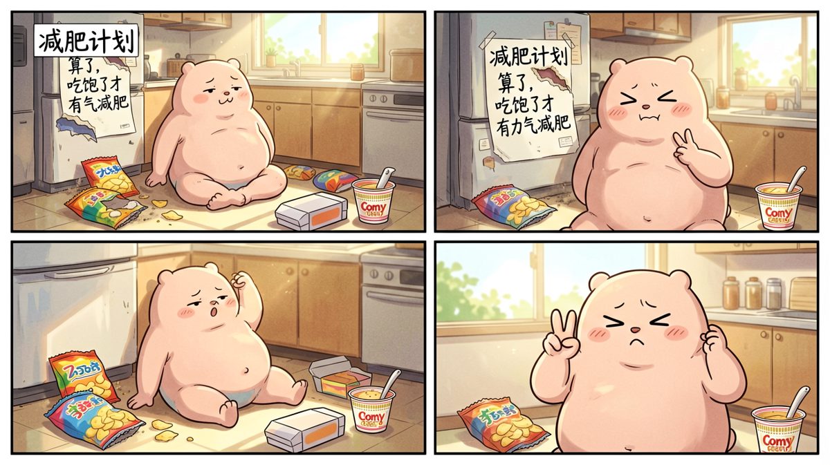 结局反转让读者捧腹——减肥计划被吃了一半，主角理直气壮地表示'吃饱了才有力气减肥'。