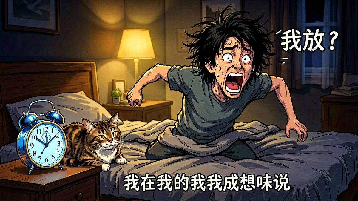 闹钟响了，主角惊恐发现已经迟到两个半小时！