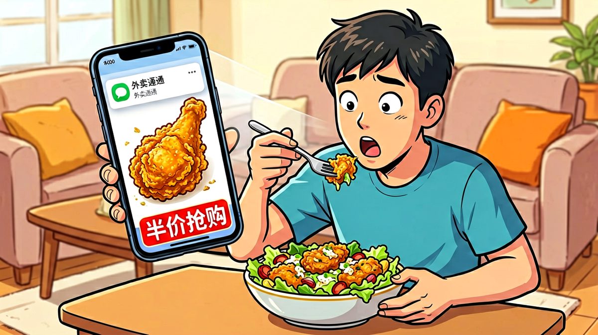 就在要吃的瞬间，炸鸡半价的外卖广告弹出……