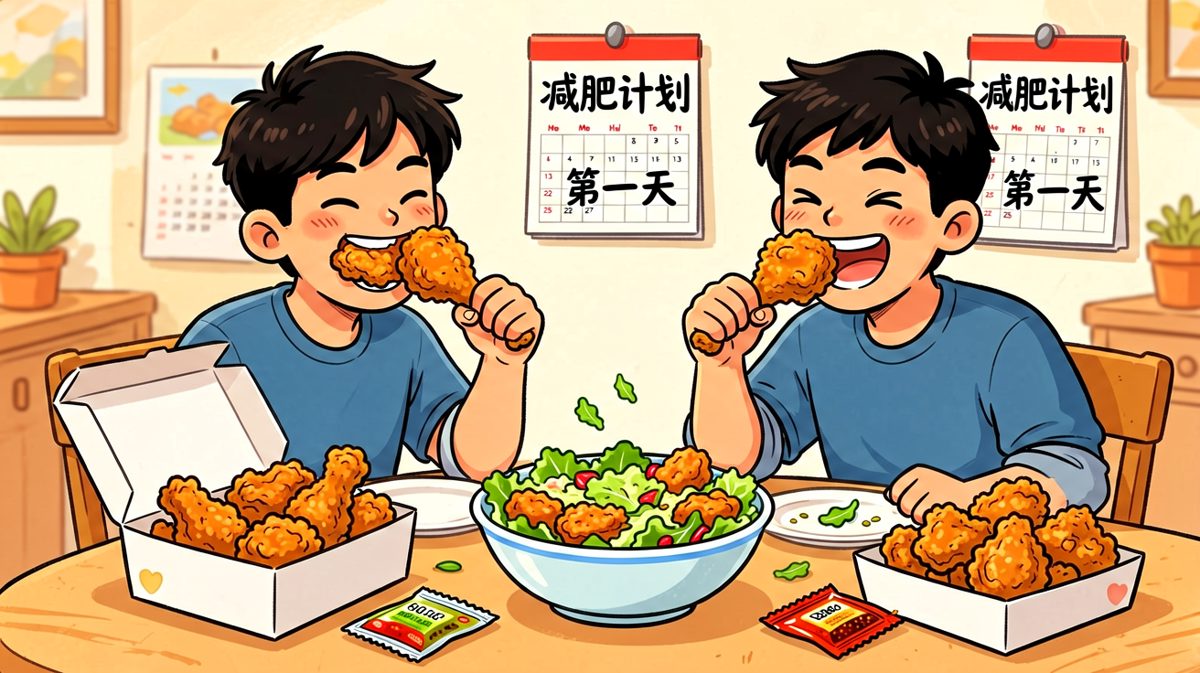 减肥计划第一天，以炸鸡收场……沙拉：我被背叛了。