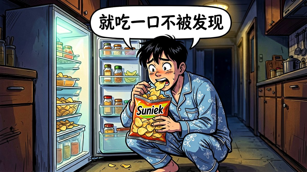 深夜偷偷开冰箱偷吃零食。