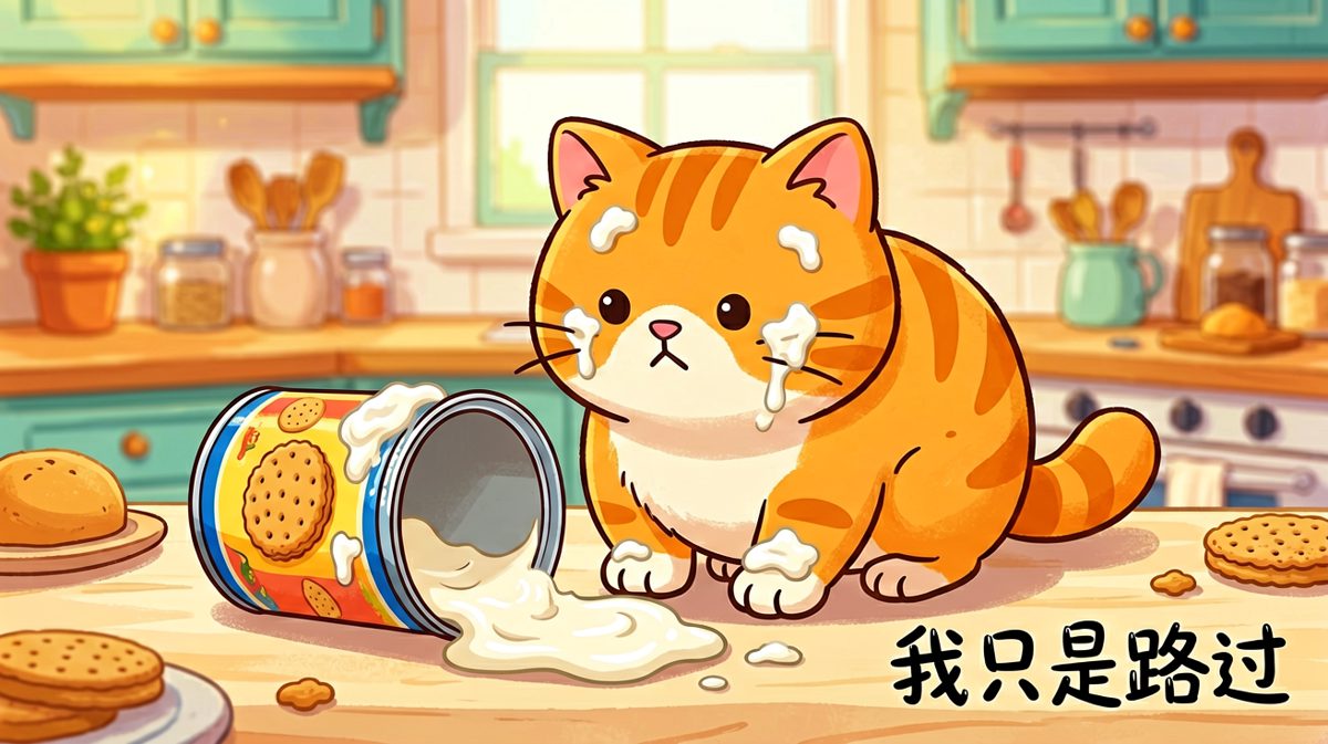 作案后一脸无辜，仿佛饼干罐是自己倒下的。