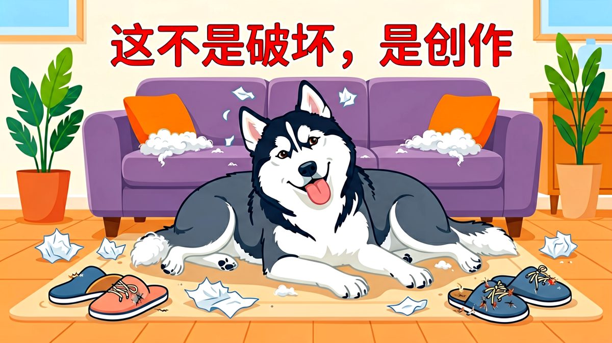 拆家现场全景展示，狗还觉得自己是个艺术家。
