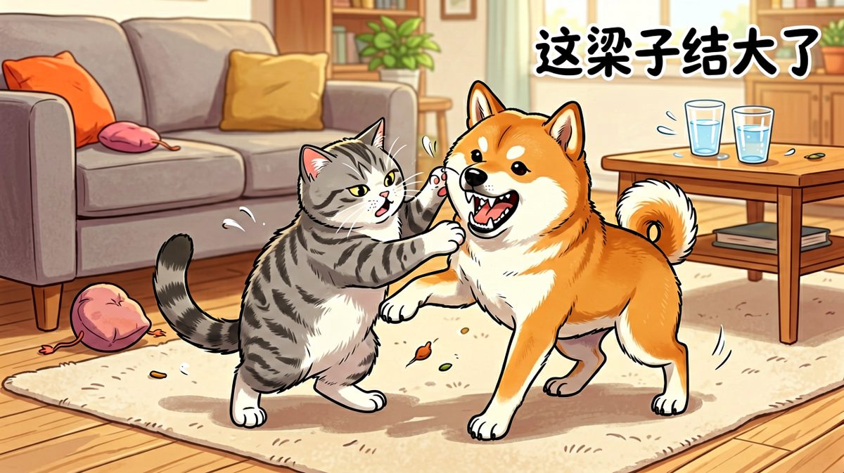 猫狗大战一触即发，而它们其实只是在玩闹。