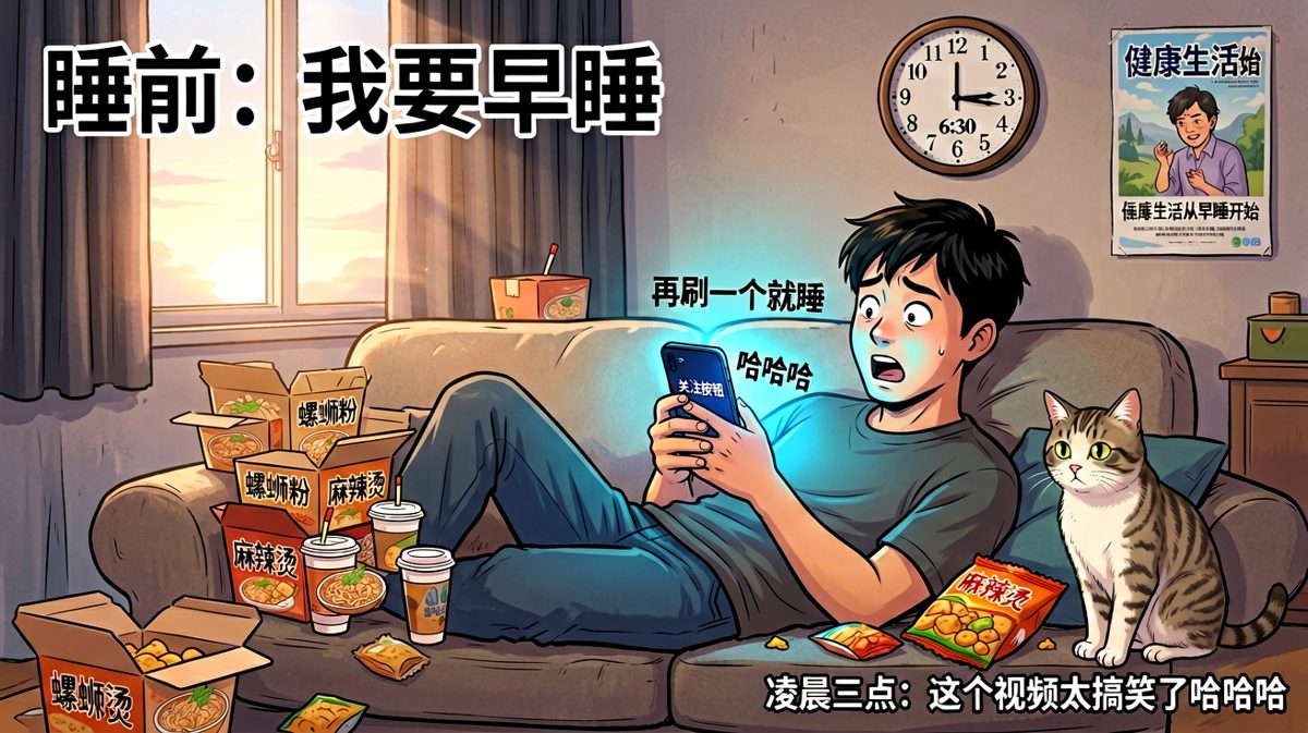 每晚发誓早睡，每次熬夜到第二天后悔