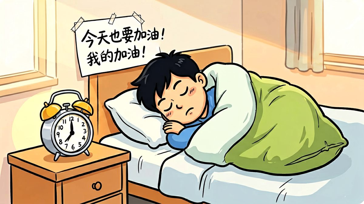 闹钟响起，主角还在梦里与床板融为一体