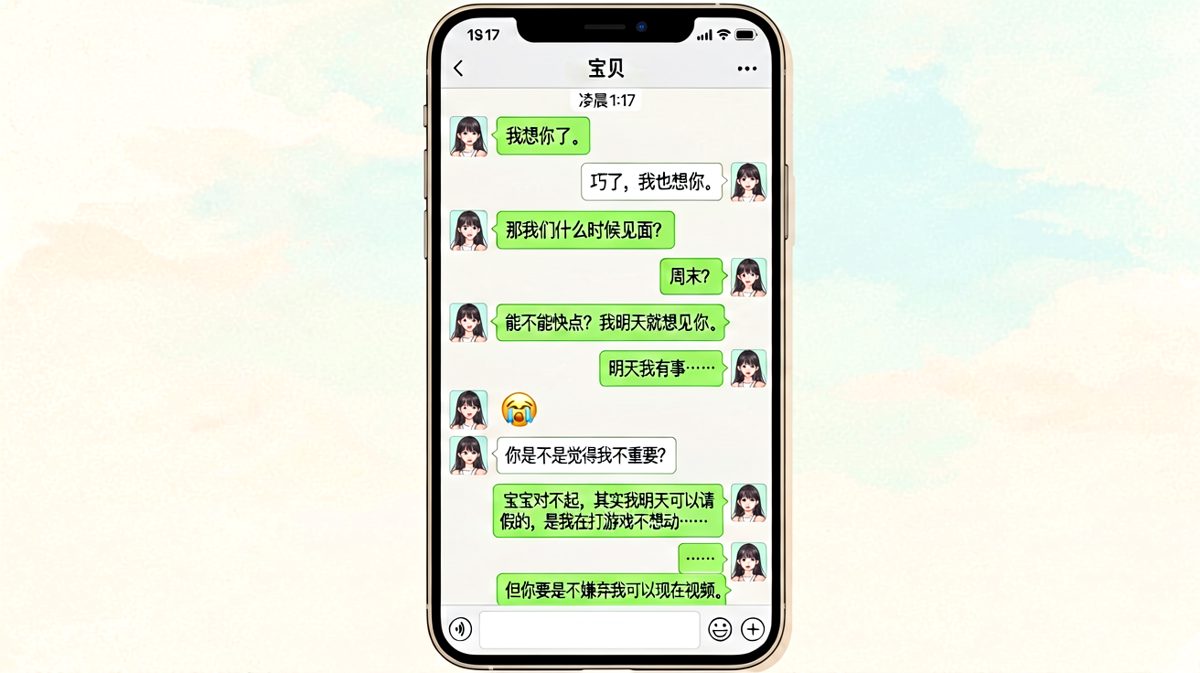女生主动表白后男生的回应暴露了他其实在游戏和女朋友之间的挣扎。