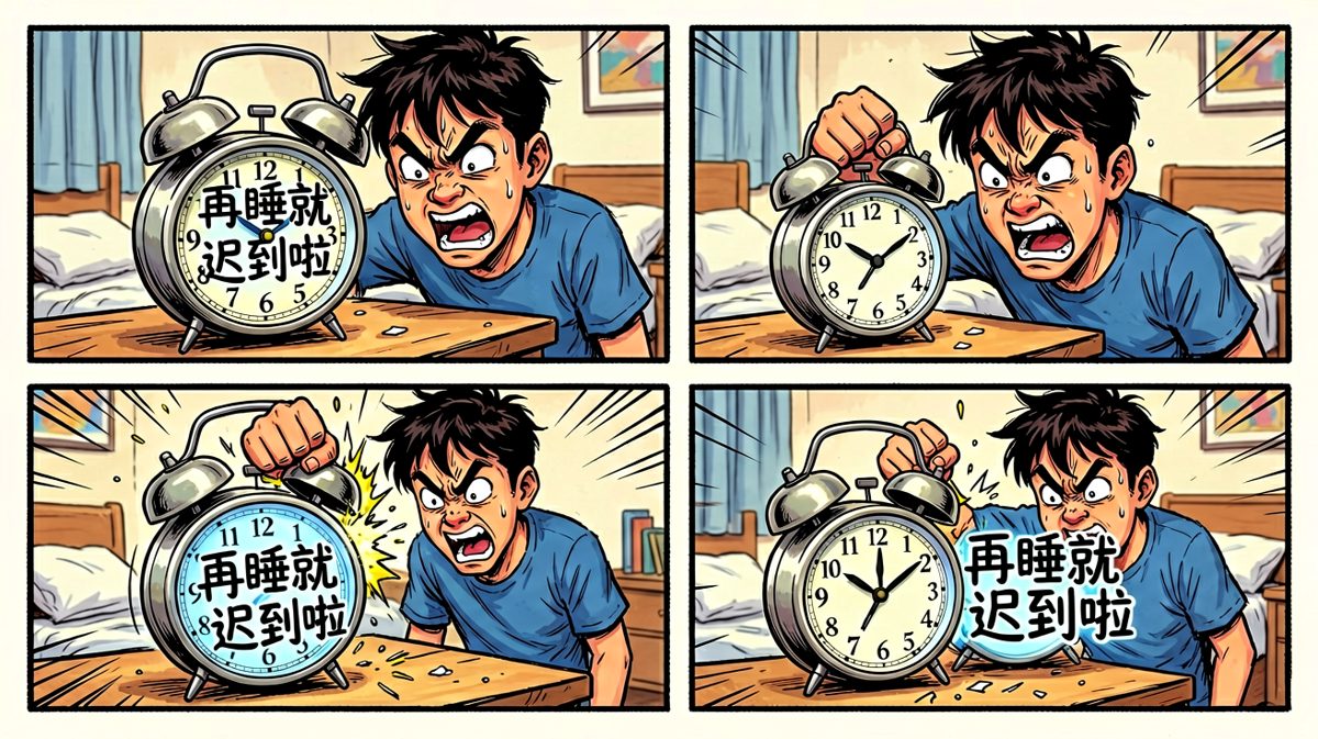 第二格：闹钟不识趣又响，怒不可遏准备砸蛋