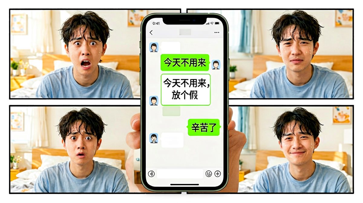 第四格：虚惊一场！老板发消息说今天放假
