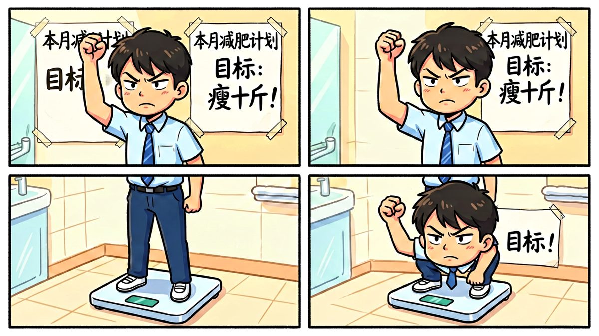 清晨，斗志昂扬地站上体重秤，立下减肥誓言
