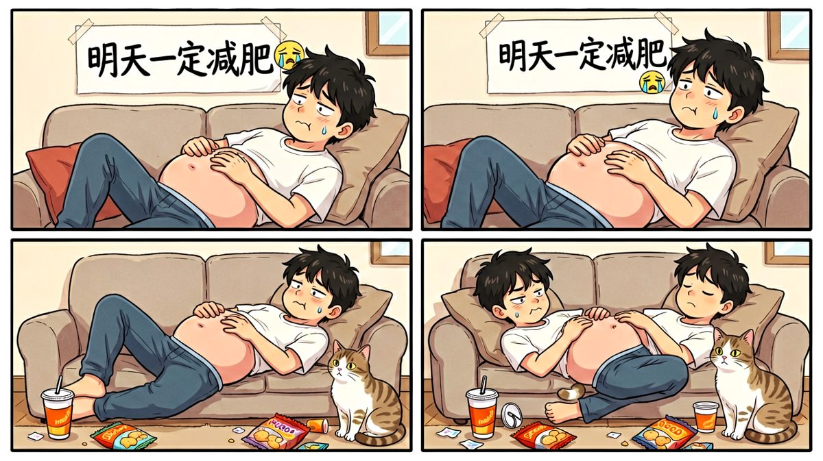 摸着肚子安慰自己：明天一定减！