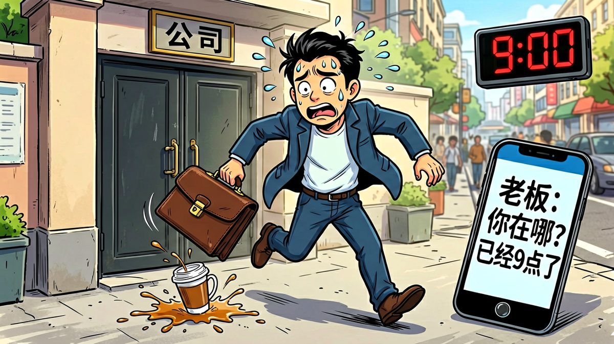 冲到公司门口，发现已经迟到了两小时。
