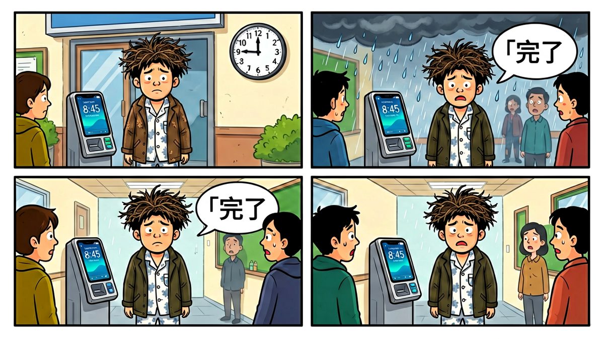 打卡机显示：8:45，我迟到了整整一个半小时。