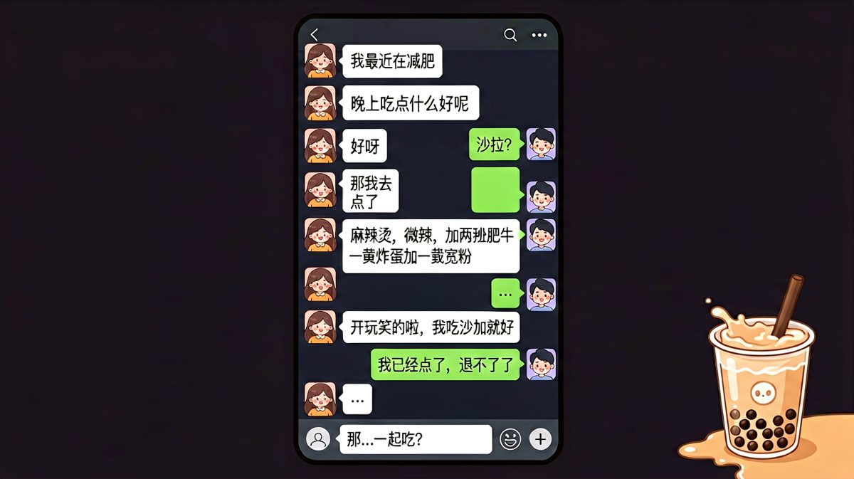 减肥第一天就破功，男生已经被套牢点餐了