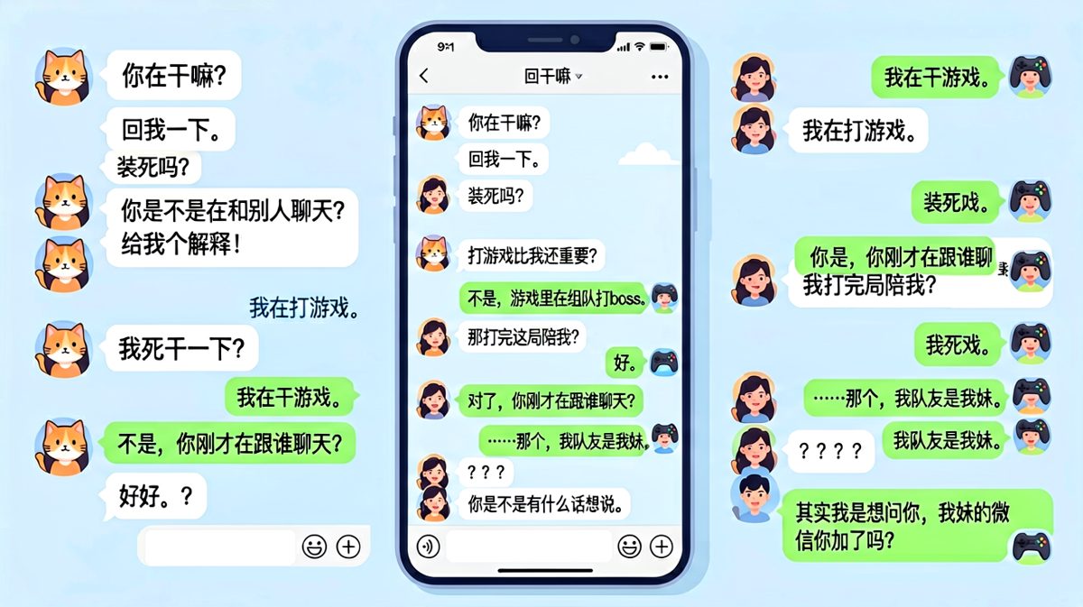 女生连环追问查岗，结果男生在配合演出，真正聊天的是他妹