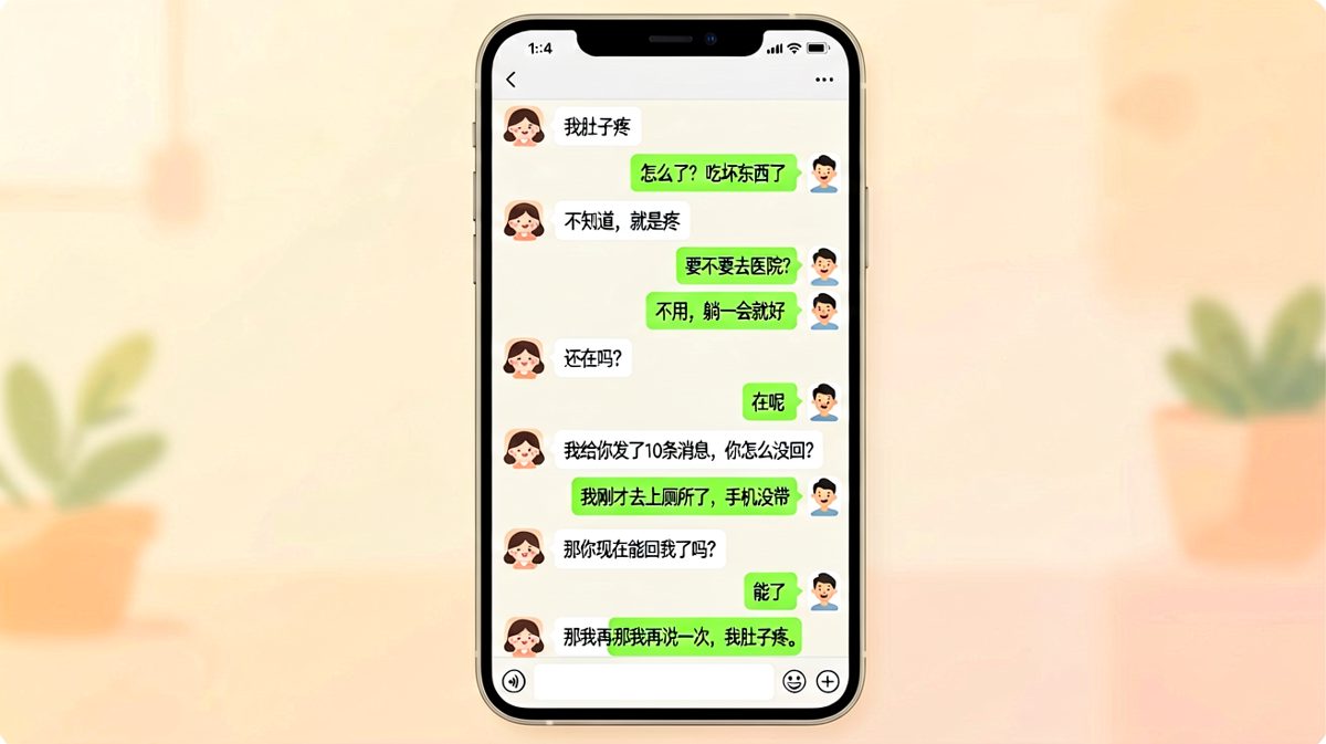女生连续喊疼，男生以为她在撒娇，结果她去厕所了手机没带