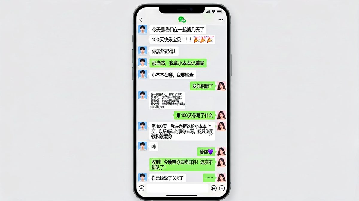 纪念日用真心话化解套路，从100天回忆录到再次鸽了日料，甜中带泪的笑点。