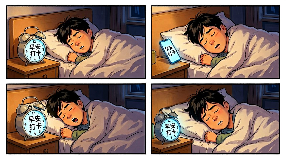 闹钟响起，主角选择睡到自然醒。