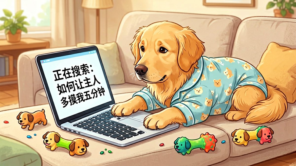 这只金毛正在写年度工作报告，主题是《论摇尾巴的ROI》。