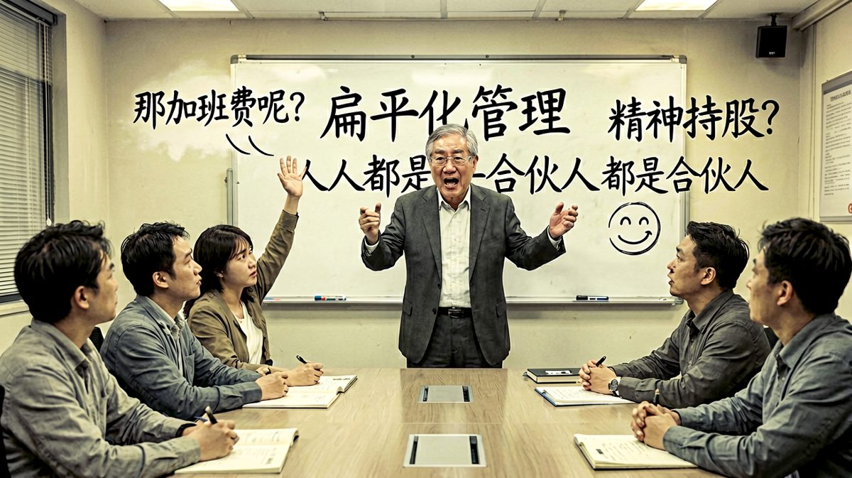 老板谈扁平化管理，员工问加班费，老板大方送出'精神持股'