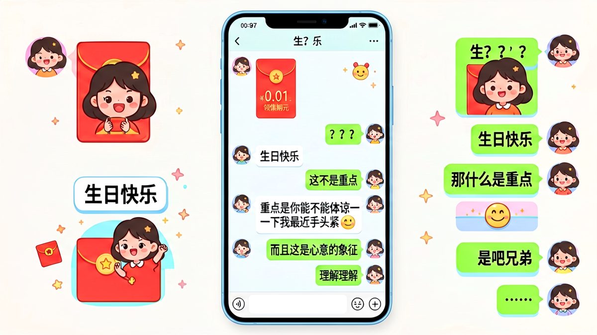 用一分钱的红包过节的精致女孩