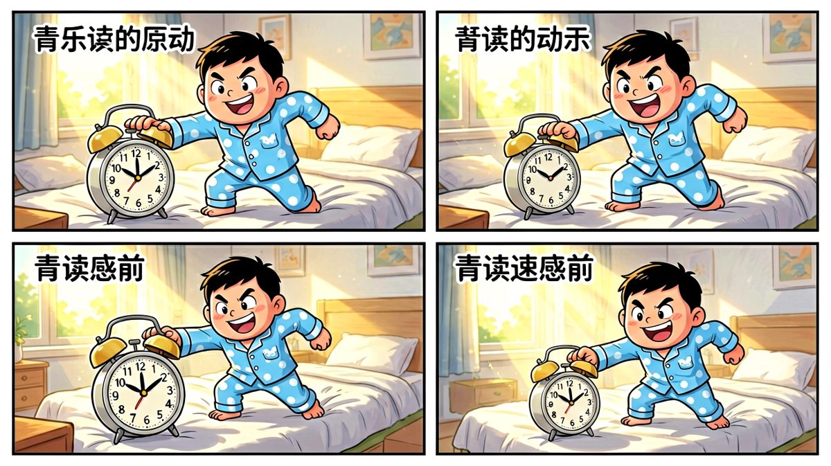 闹钟响起，主人公元气满满地起床，准备迎接美好的一天。