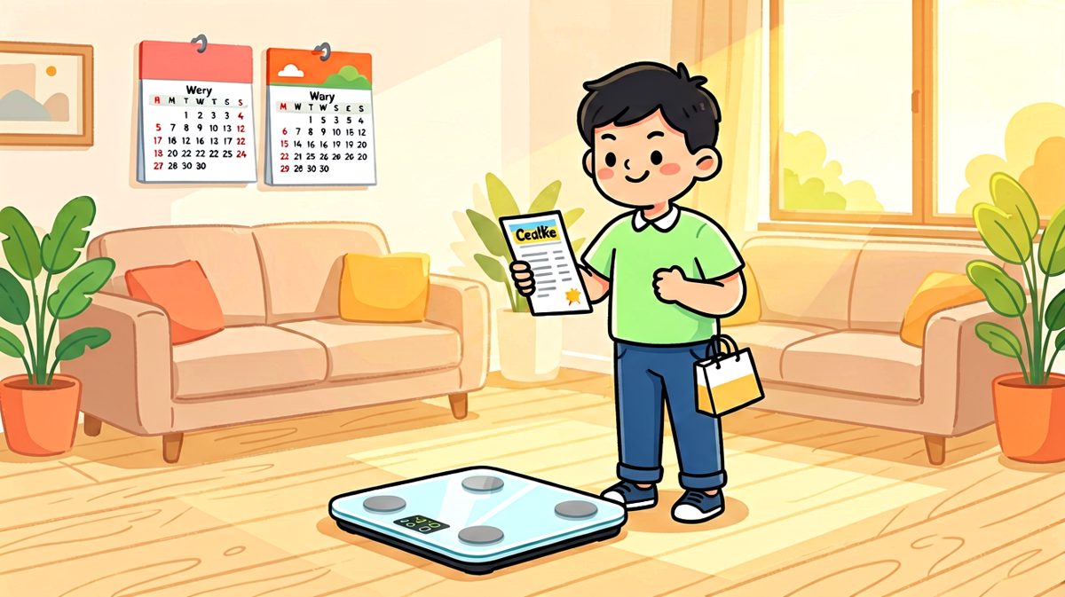 小明满怀信心地拆开新买的智能体重秤，准备见证自己减肥成果的那一刻。