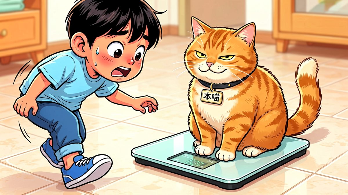 原来体重秤上的'4.8kg'是家里橘猫的重量，小明彻底傻眼了。